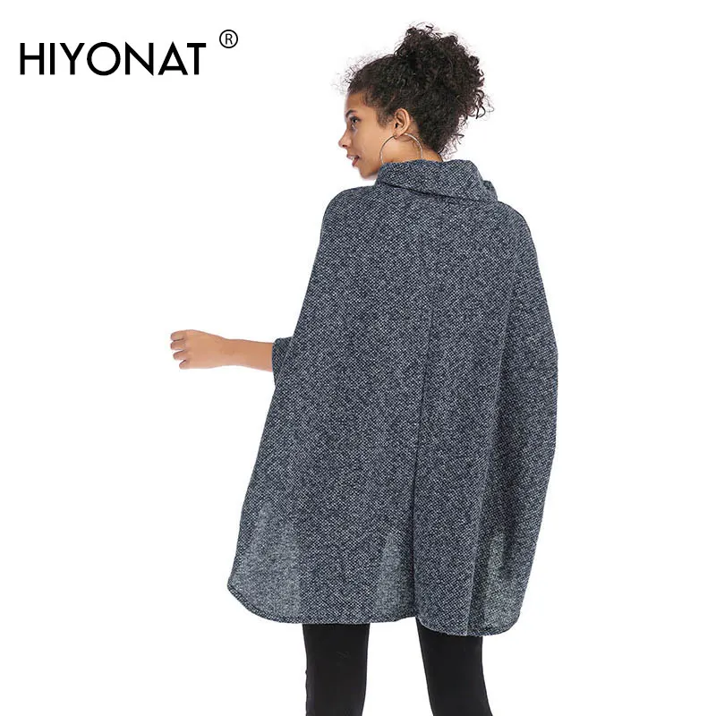 Hiyonat Long Cloak Sweaters Women Fall Turtleneck Ladies Sweater Textured Knit Warm Cape Pullover Ethnic Batwing Sleeve Tops