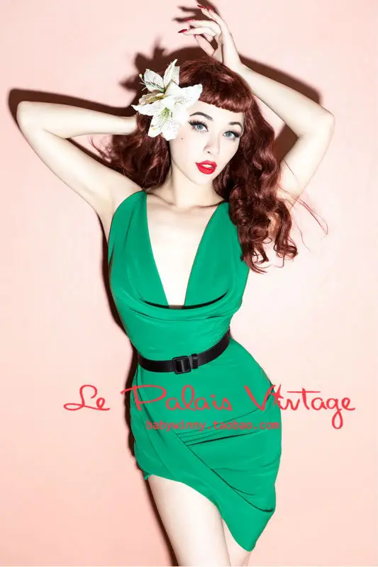 FREE SHIPPING Le Palais Vintage emerald retro sexy low cut Halter irregular tight dress asymmetrical