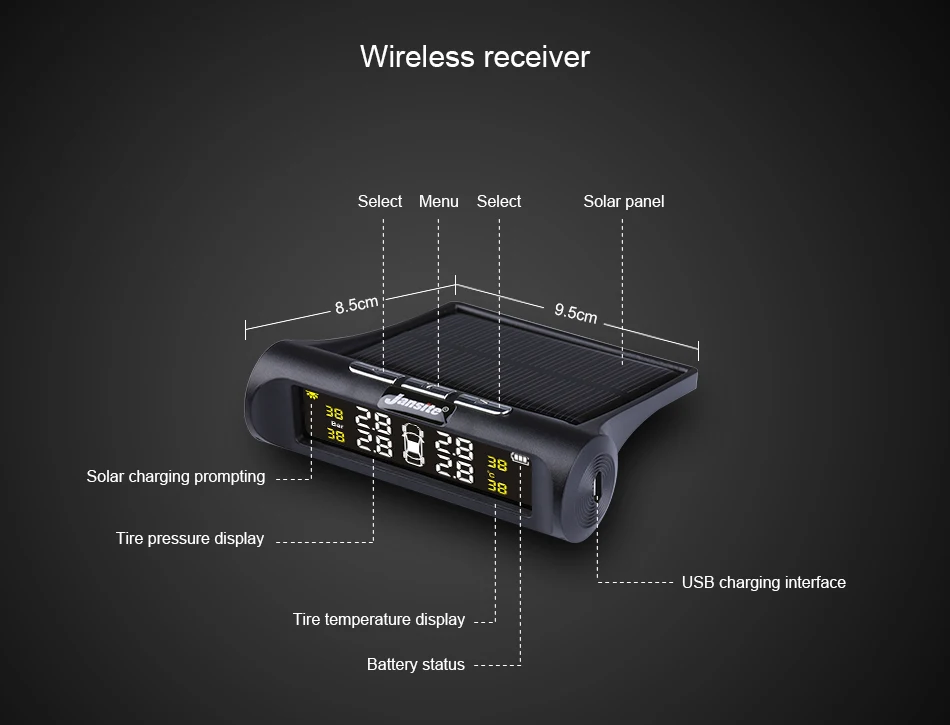 Jansite автомобильная система контроля давления в шинах, система автоматической сигнализации, беспроводная с 4 датчиками, солнечная зарядка, HD цифровой ЖК-дисплей