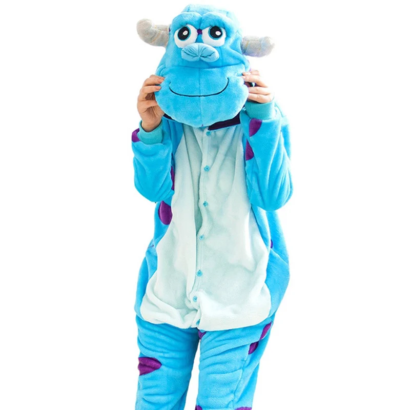 

2017 Top Flannel winter Funny Monster University Sulley Sully Onesie For Adults Hooded halloween cosplay Costume With Slipper