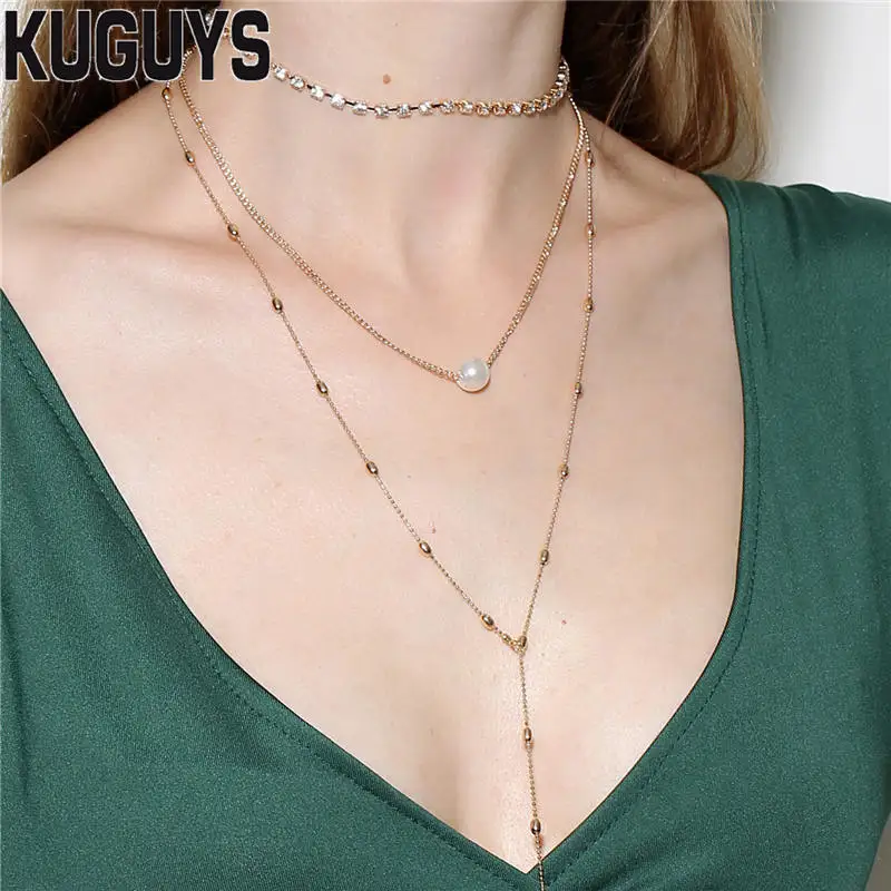 KUGUYS Trendy Jewelry Gold Silver Alloy Crystals Necklace Women Bead