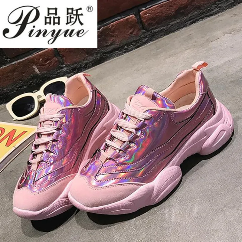 

Women Flat Patent Leather Platform Ladies Shoes Woman Sneakers Casual Golden Lace Up Pieces of red Height Increase Shoes
