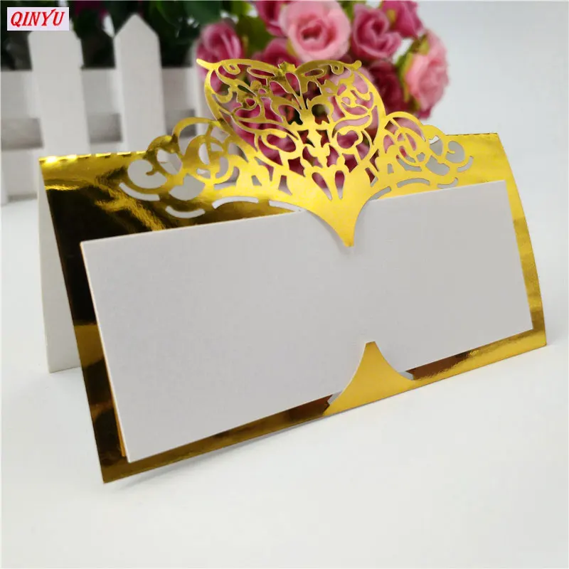Bright Golden 100 шт полые, в форме сердца, лазерная резка, пригласительные открытки, свадебные открытки, настольные сиденья, именные открытки, украшения, свадебные принадлежности 6ZSH871 - Цвет: Bright Golden