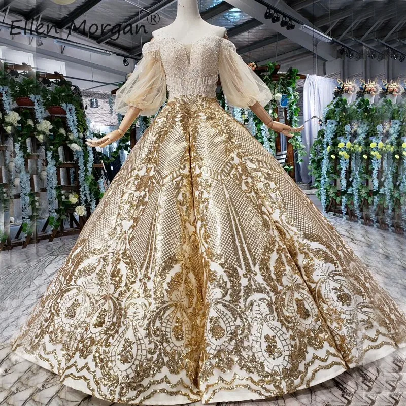 

Saudi Arabic Luxury Gold Glitter Evening Dresses Sweet 15 16 Quinceanera Prom Ball Gown Off Shoulder Half Sleeves Bead For 2019