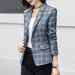 Для женщин осень зима офисные плед Пиджаки для Элегантность Мода Карманы длинный рукав одной кнопки тонкий