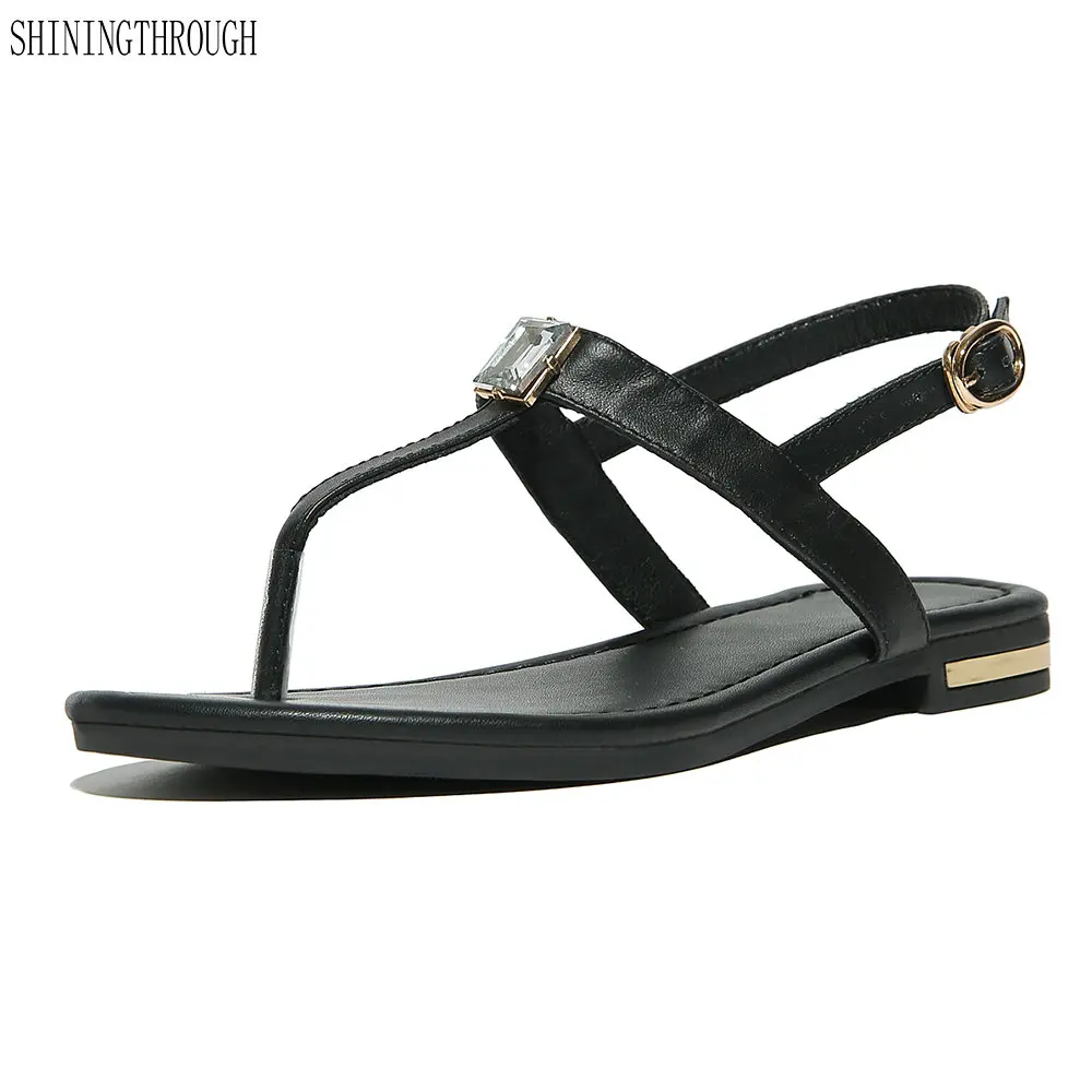 

2018 New women genuine leather Flat sandals shoes woman String Bead flip flop beach sandals casual shoes large size 34-42