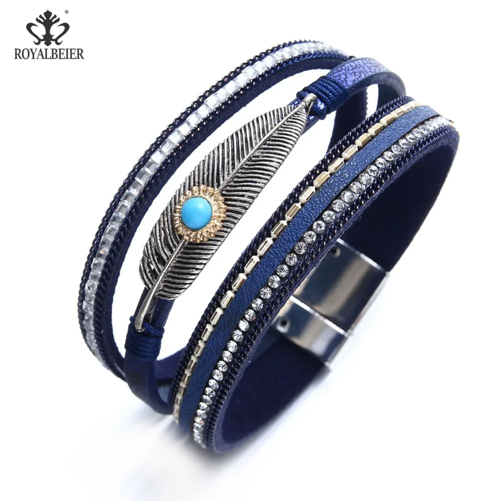 RoyalBeier 1pc Leather Women Bracelets Metal Leaf Decorated Rhinestone Bangles Bracelet Statement Vintage Jewelry | Украшения и