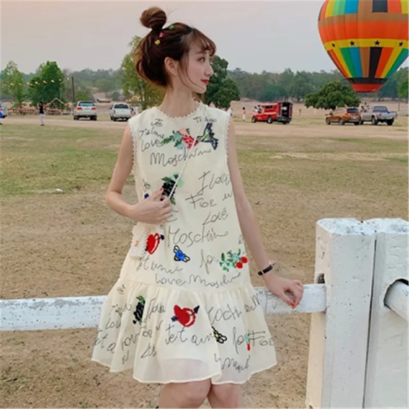 Limiguyue женское платье с блестками и вышивкой буквами летнее платье без рукавов шифоновое мини-платье трапециевидной формы милое стильное T996 - Цвет: picture