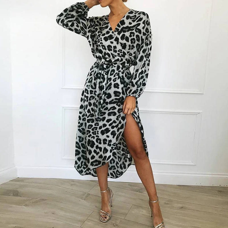 Leopard Print Dress Woman Autumn Long Sleeve Sexy V-Neck Dresses Casual Elegant Dresses Vestidos Office Lady High Split Dress