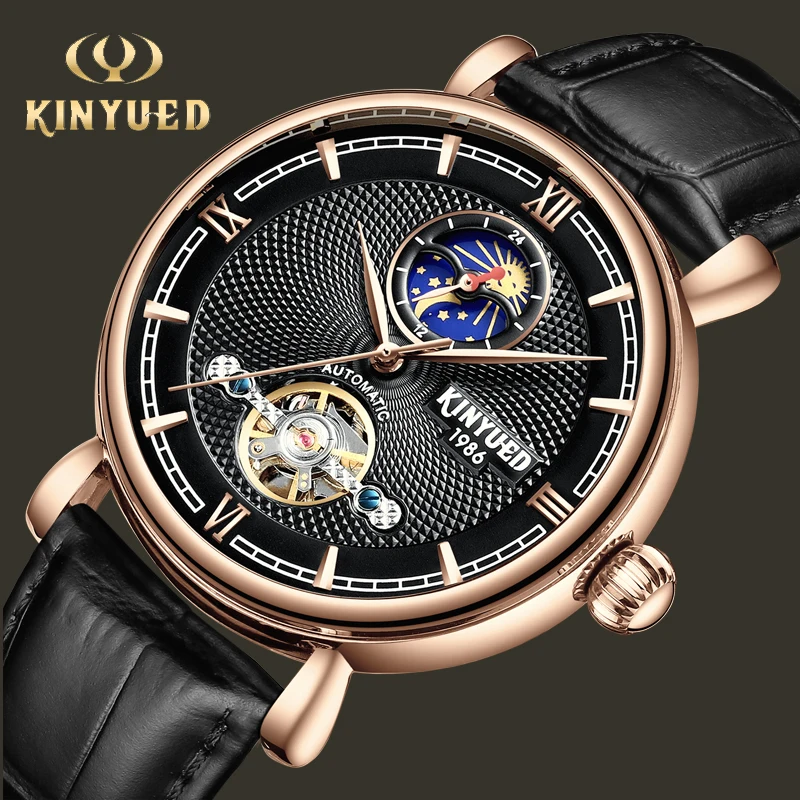 

KINYUED Business Men Mechanical Watch Automatic Tourbillon Skeleton Wristwatches Leather Moon Phase Reloj Sports Montre Homme