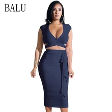 BALU Women Two Piece Dress Set Summer Sexy Deep V Neck Sleeveless Bandage Bodycon Dress Elegant Club Party Midi Dresses Vestidos women sexy bodycon party club dress ladies deep v neck ruffles knitted elastic package hip pencil dresses elegant midi dress