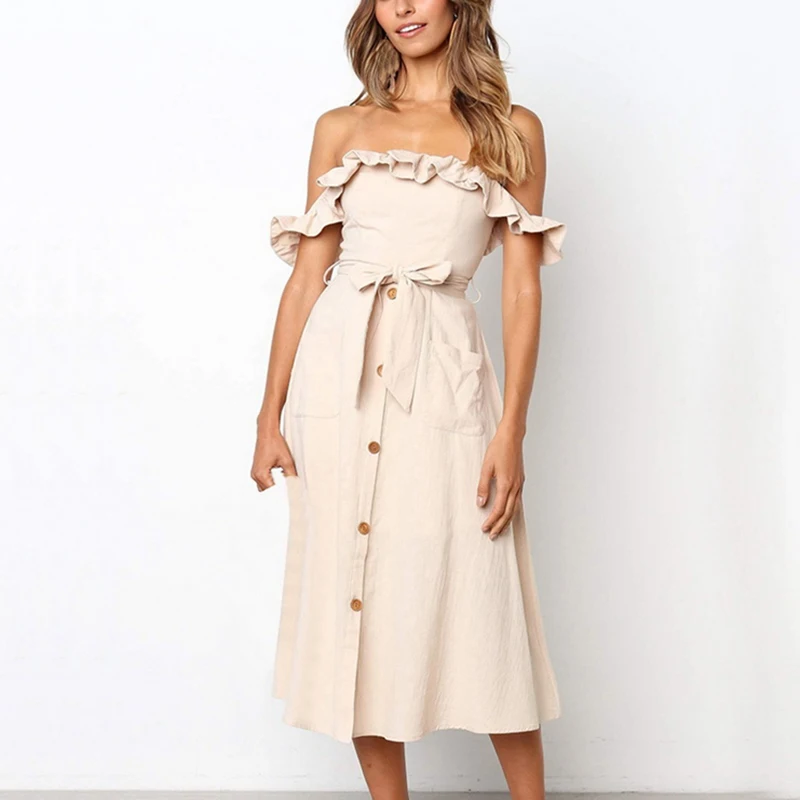 

MONERFFI 2019 Sexy Off Shoulder Ruffle Women Dress Black Button Sash Summer Long Dress Casual Female Midi Vestidos Festa Beach