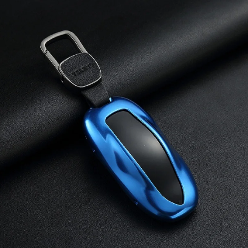 1 шт. чехол для ключей автомобиля с ремнем Алюминиевый сплав ключ оболочка Сумка для хранения протектор роскошный стиль для Tesla модель S модель X - Название цвета: blue for model S