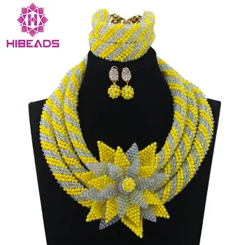 

Yellow Nigerian Beads Set Mix Lilac African Inspired Jewelry Big Blossom Flower Brooch Pendant Necklace Set Free Shipping WD700