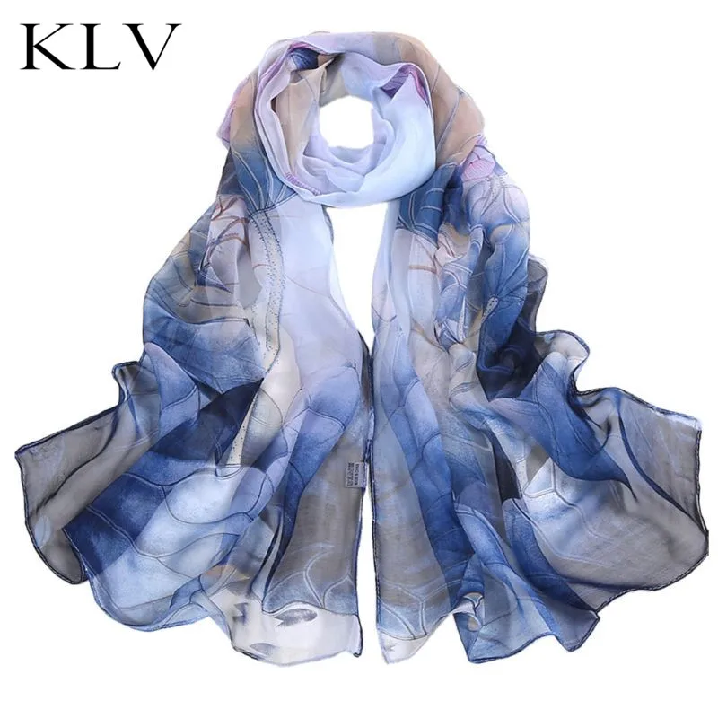 

Women Chinese Style Georgette Long Scarf Elegant Gradient Water Color Lotus Flower Printed Shawl Lightweight Neck Blanket Wrap