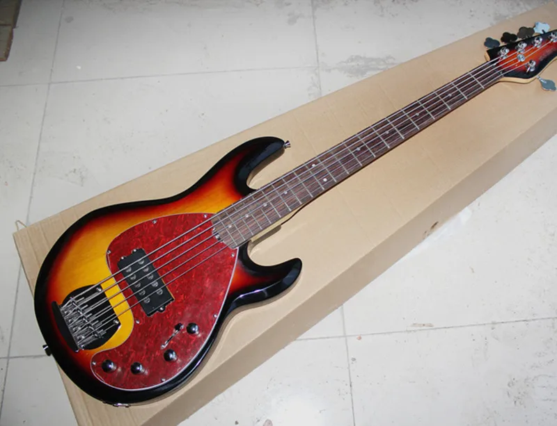 

5-String Tobacco Sunburst Electric Bass Guitar with Red Tortoise Shell Pickguard,Rosewood Fingerboard,Offer Customized