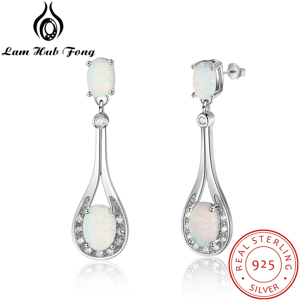 

Women 925 Sterling Silver Water Drop Earrings With Oval White Opal & Cubic Zirconia Elegant Gift For Girlfriend (Lam Hub Fong)