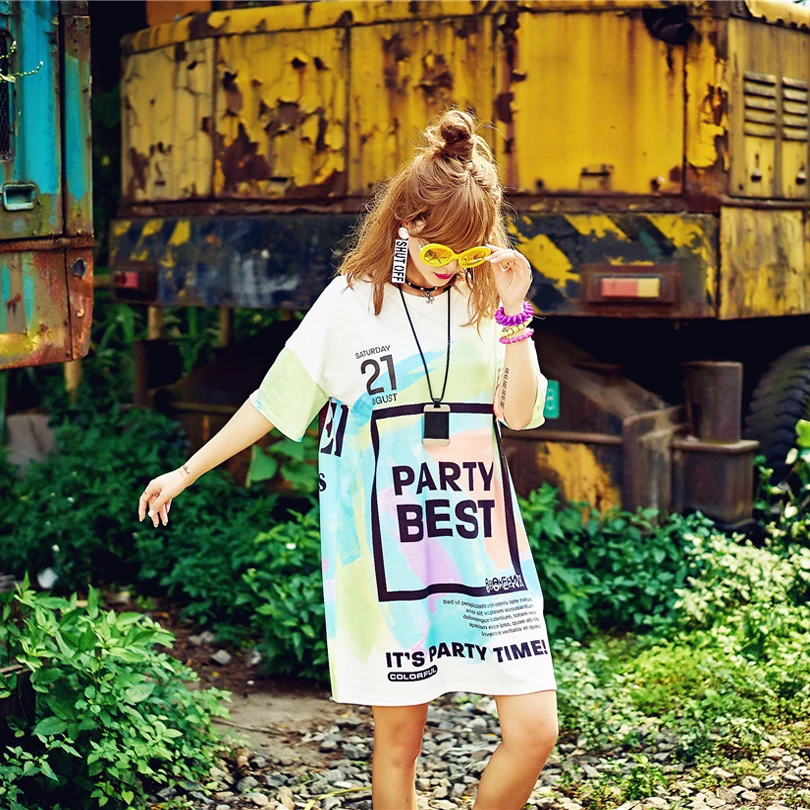 Women's Summer Dress Harajuku Sexy Letter White Dresses For Women Knee-Length Straight Cotton Femme Robe Print Preppy Dress