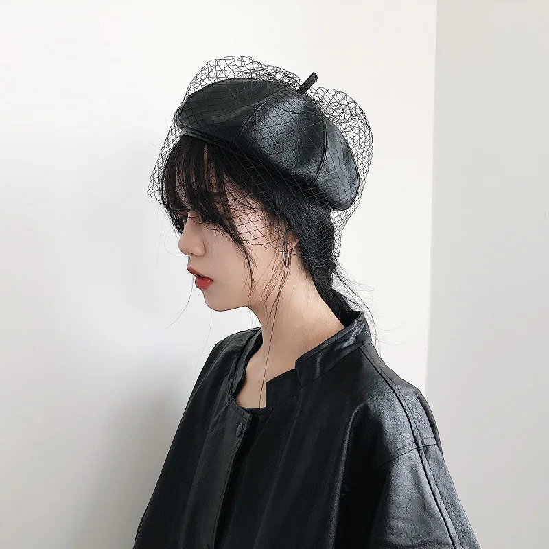 GETSRING женская шляпа сетка сплайсированная искусственная кожа берет Женская мода Ретро Женщины s-black-Hat все матч берет осень зима