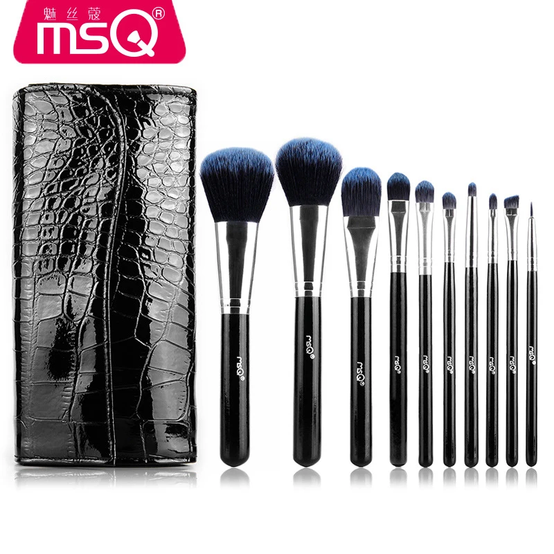 

MSQ Professional Makeup Tools 10 Pcs Makeup Brushes Wooden Color with Leather Bag Cosmetics Make Up Kits