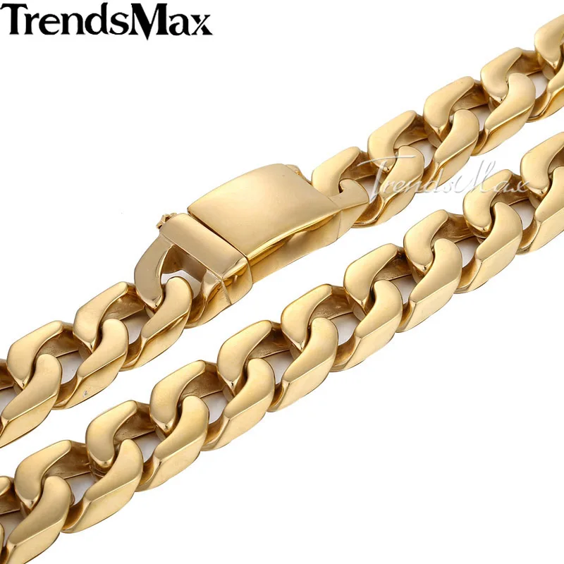 Trendsmax настроить любую длину 13 мм широкий тяжелый золотой цвет огранка панцирная цепь 316L Нержавеющая сталь ожерелье мужские Мальчики цепь HN61