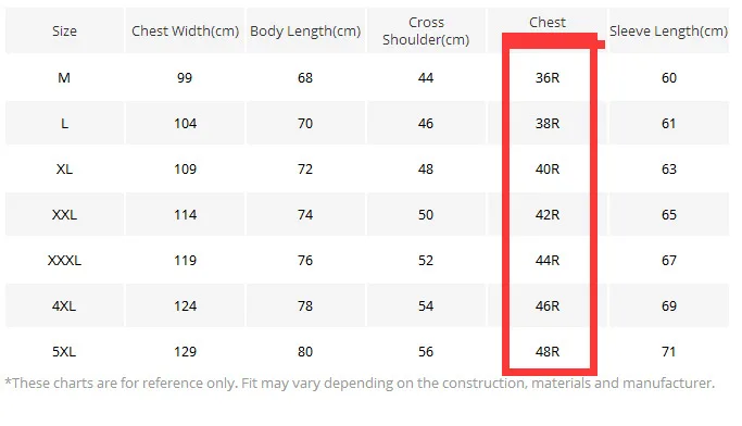 36r Jacket Size Chart