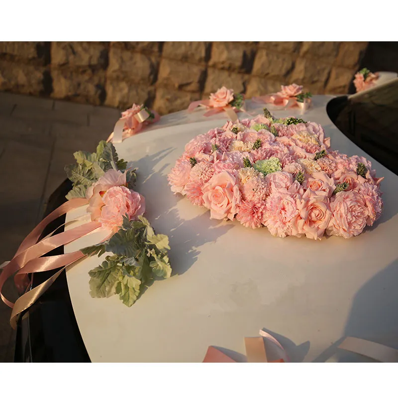 Искусственные цветы розовый моделирование свадебное оформление автомобиля Шелковая Роза цветок автомобильный набор в форме сердца Свадебный Декоративный венок DIY