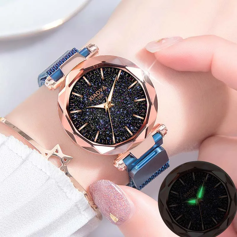 Женские наручные часы магнитные звездное небо женские наручные часы Роскошные розовое золото женские кварцевые часы reloj mujer relogio feminino - Цвет: Blue