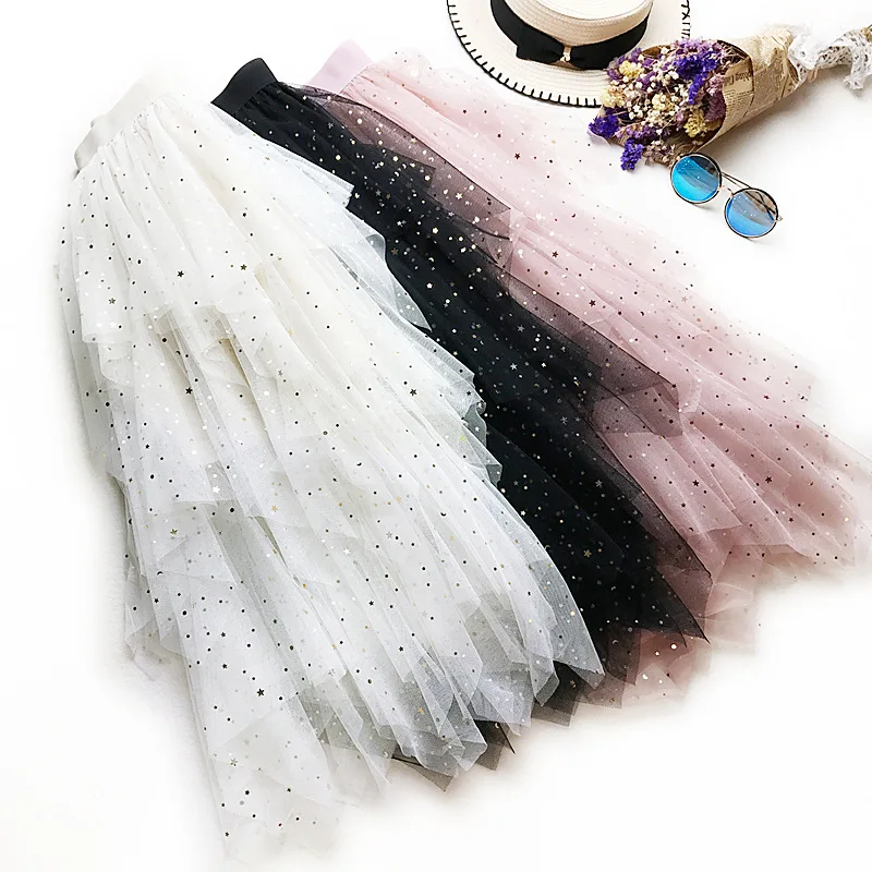 

2019 New Tulle Skirts Women irregular pleated Skirt Fashion Starry sky Tutu Skirt Elastic High Waist Skirt jupe saias faldas