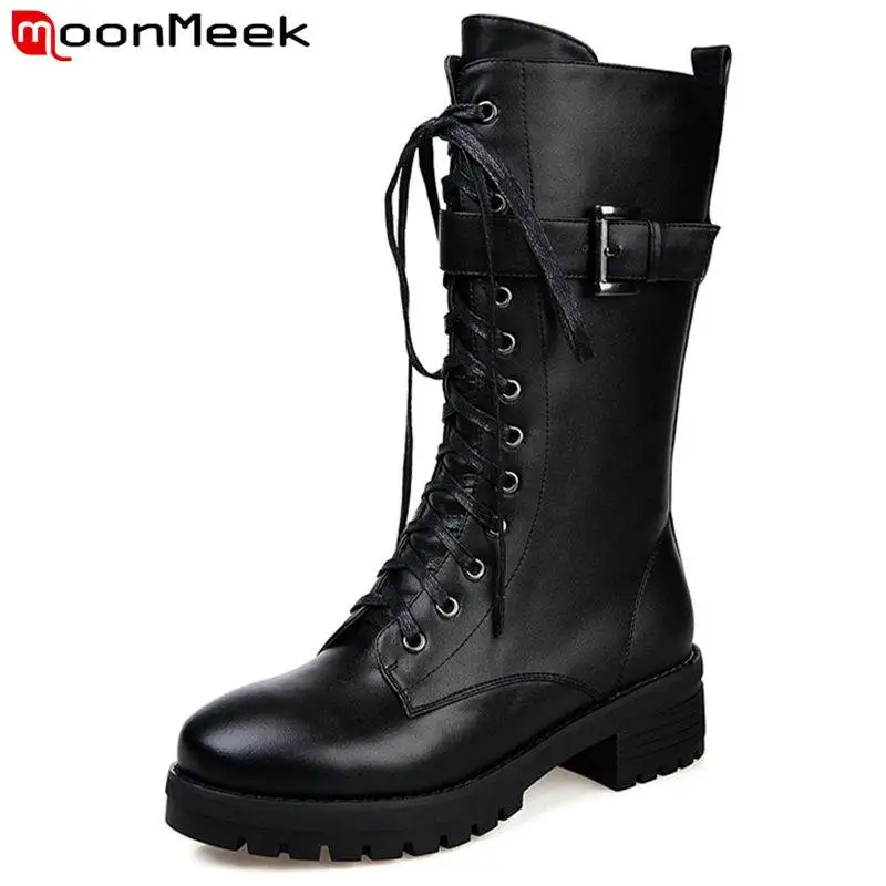 

MoonMeek NEW 2018 fashion round toe square med heels mid calf boots women genuine leather boots zip spring autumn boots