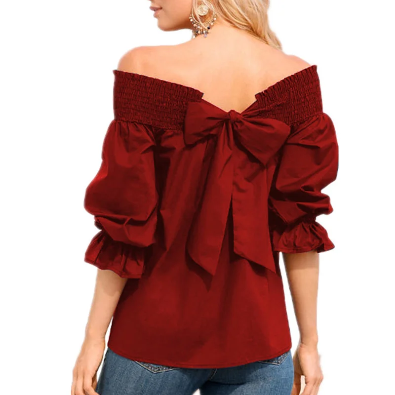 

Hot Sale Women Summer T-shirt Off Shoulder Back Bowknot 3/4 Sleeves Loose Casual Tops MSJ99