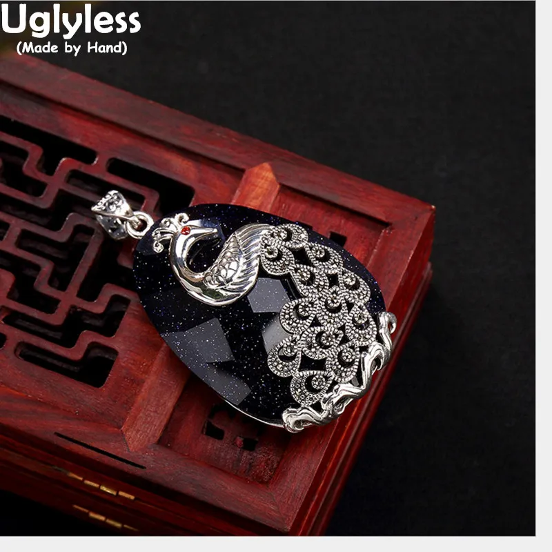

Uglyless Real 999 Fine Silver Nature Chalcedony Pendant without Necklace Women Vintage Handmade Peacock Jewelry Marcasite Bijoux