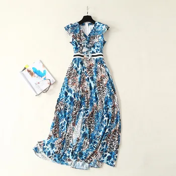 

European and American women's fashion 2019 spring new style Sleeveless v-neck Leopard print with flounces Fashion slit dress