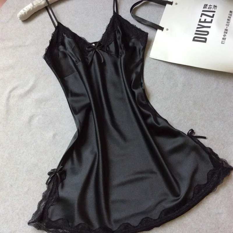 1 шт., новое модное женское высококачественное сексуальное платье из искусственного шелка и сатина, ночное платье без рукавов, кружевное платье с v-образным вырезом - Цвет: BK