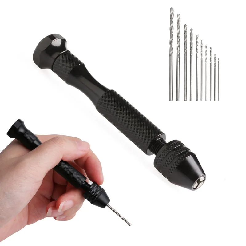 

Hot Micro Aluminum Hand Drill Keyless Chuck + 10pcs Twist Drills Rotary Tools Dropship