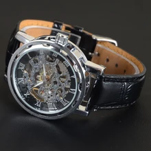 Luxury Fashion Skeleton PU Strap Automatic Mechanical Watch Business Gold Silver Black Wrist Watch for Men Relogio Masculino