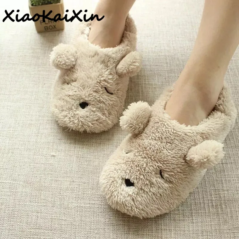 XiaoKaiXin Winter Home Cartoon Squinting Dog Soft Plush Slippers Women Indoor Floor Warm Bedroom big Size Slipper Shoes Girls