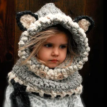 

Winter Children Crochet Hat Hooded Cat Cowl Cap Neck Wrap Scarf Knitted Collar Baby Caps Scarves echarpe bonnet set