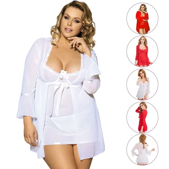 

RS80185 Sexy Lingerie Women Soild Night Gown Set With Dress G string Coat Three Quarter Home Bathrobe Female Lingerie Sexy Robe