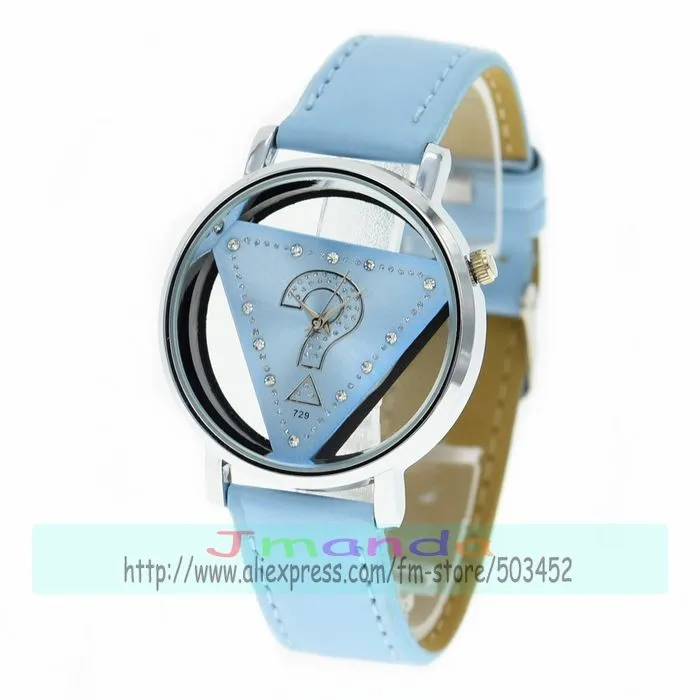 light blue 100 шт/партия womage-729 модные перевернутые треугольные кожаные кварцевые часы серебряный корпус повседневные часы вопрос Марка Кристалл часы - Цвет: light blue