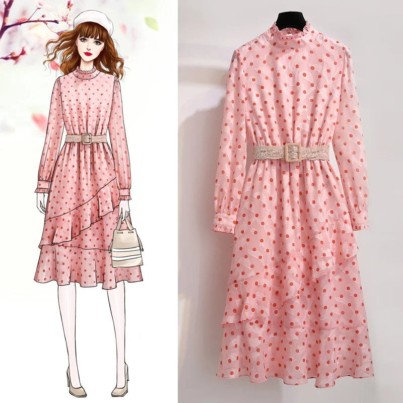 

Floral Printed Dress Women Chiffon High Quality Vintage Dot Ruffles Knee-Length Stand Collar Lace Belt Women Dress Vestidos