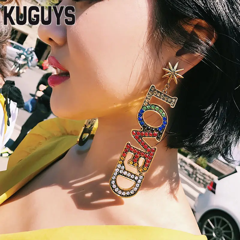 KUGUYS Ribbon Jewelry Womens HipHop Letter Long Dangle Earrings for Women Pendientes Crystals Star Drop Earring Brincos | Украшения и
