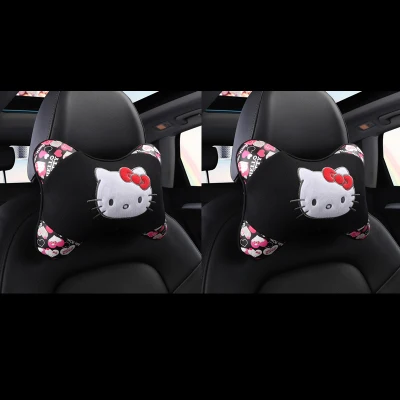 Мультфильм hello kitty Автомобильные подголовники подушки поясничная Подушка ремень безопасности авто чехол на руль Подарочный аксессуар для автомобиля для женщин и девочек - Цвет: Black Headrest 1pair