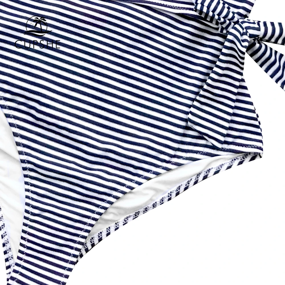 Preise CUPSHE Navy Und Weiß Gestreiften einteiliges Badeanzug Frauen Rüsche Gebunden Bogen Monokini 2020 Backless Strand Badeanzüge Bademode