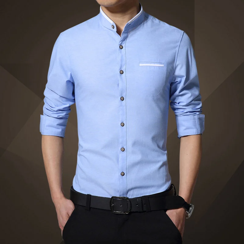

Men's Dress Shirt Top Mandarin Collar Blue Long Sleeve Plus Size 5XL Slim Fit Shirts Tops For Men Summer Male Streetwear Clothes