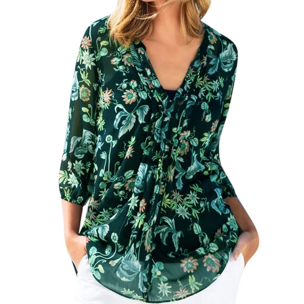 Женская блузка размера плюс, Женские топы и блузки, Повседневная Свободная шифоновая блузка с рукавом три четверти и v-образным вырезом с цветочным принтом, топы Z4 - Цвет: A