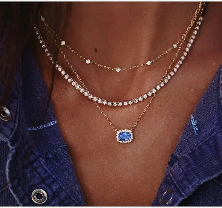 Синий имитационный кристаллический кулон ожерелье женские Стразы ключицы ожерелья цепи для женщин модные ювелирные изделия аксессуары
