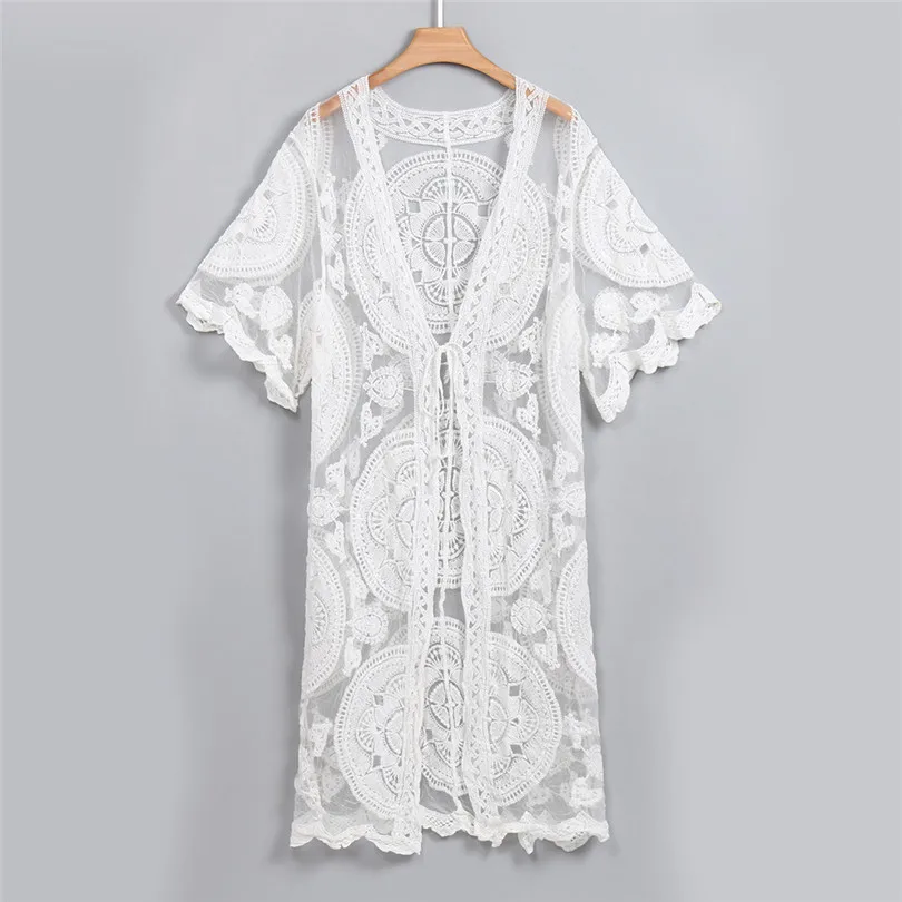 New Autumn Women Solid White Cardigan Hollow Out Sexy Lace Half Sleeve Sunscreen Long Coat Outwear #E12 (1)