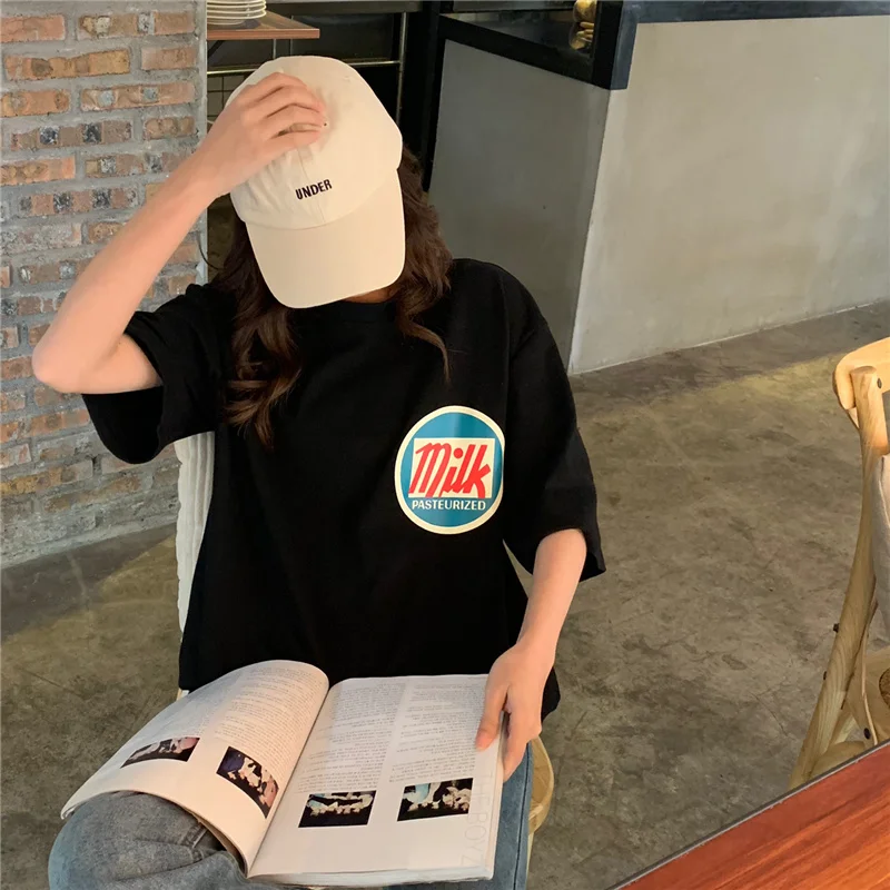 Женские футболки Харадзюку с принтом молока Kawaii BF Одежда Для Пар Унисекс свободная Длинная летняя футболка Топ Женская футболка корейский стиль тренд