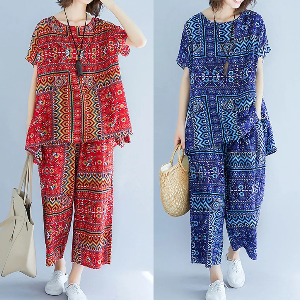 

Women Set Two Piece Set Top and Pants Plus Size Cotton Linen Printed Short-sleeved Top Nine Pants Loose Two-piece Suit Z4